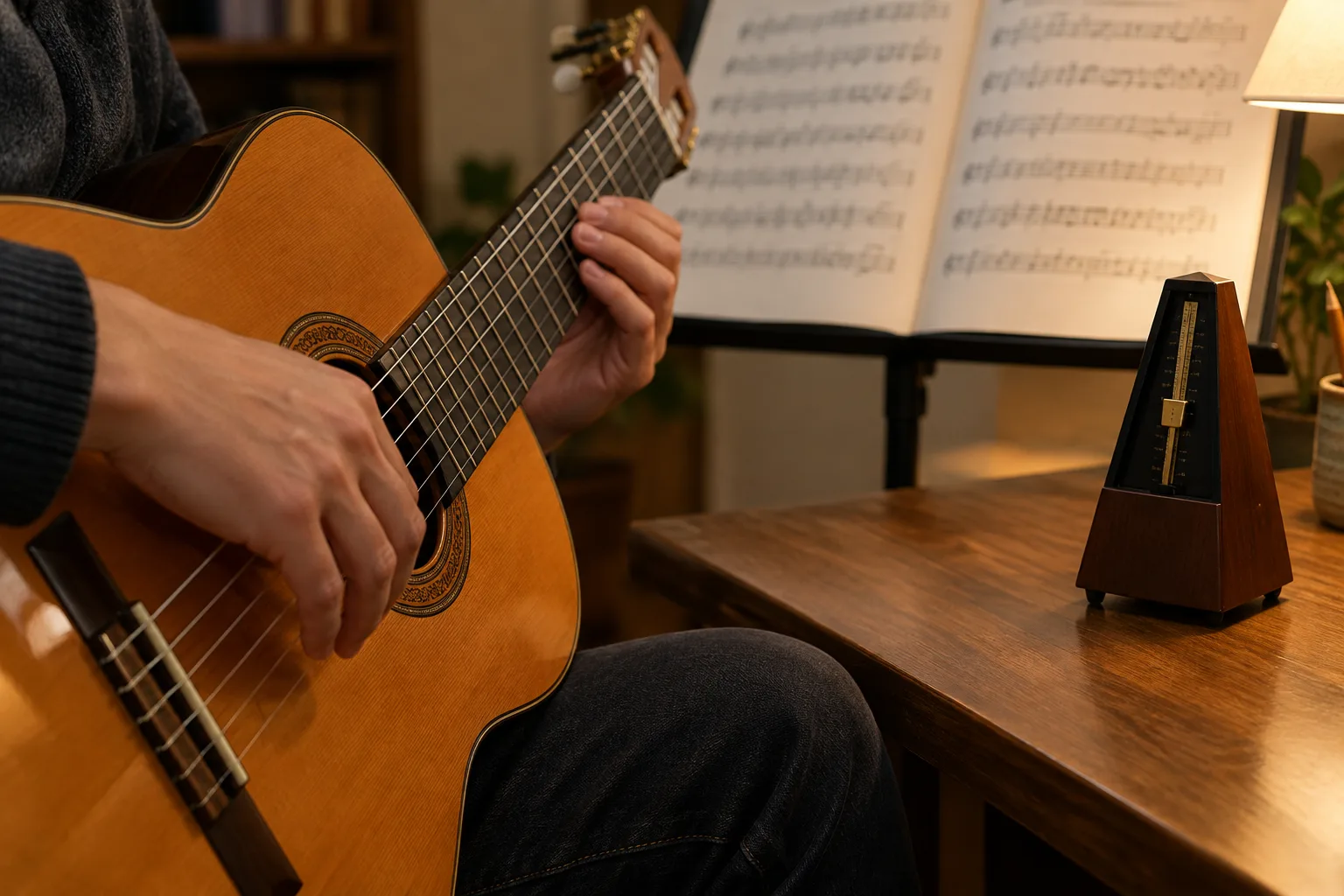 Les mains d’un guitariste marquent un silence pendant qu’un métronome bat la pulsation à côté de la partition.