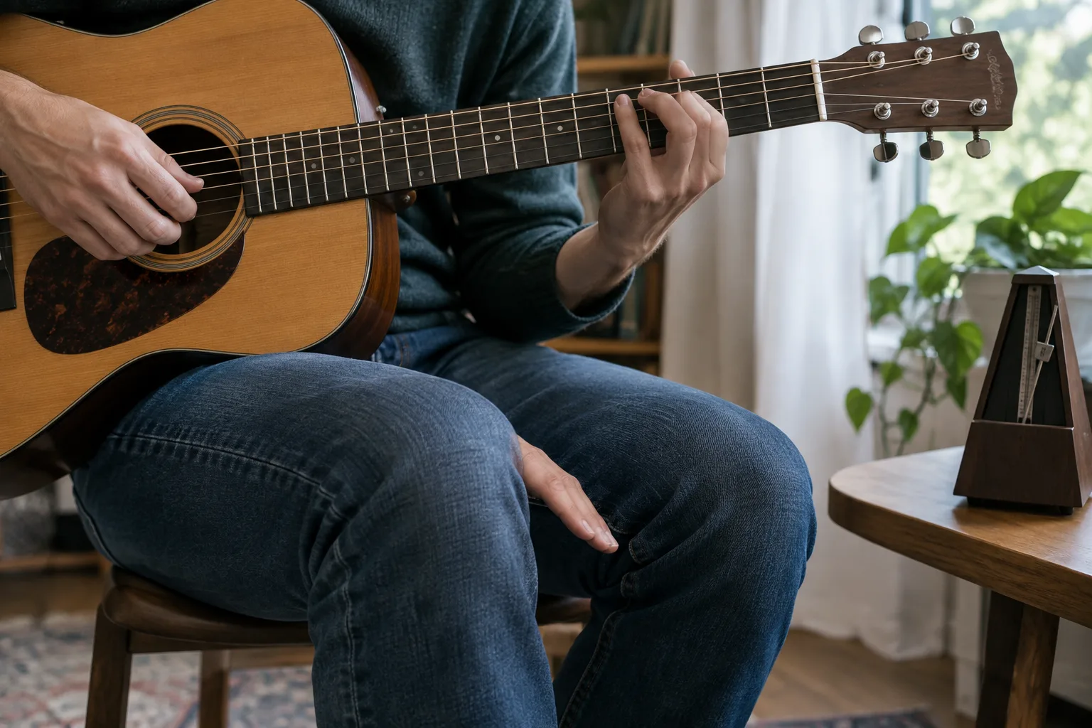 Des mains jouent un motif à la guitare tandis qu’un genou marque la pulsation, avec un métronome à proximité.