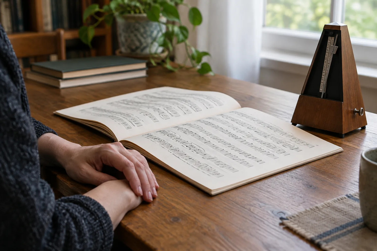 Une partition ouverte et un métronome posés sur une table près des mains d’un musicien.