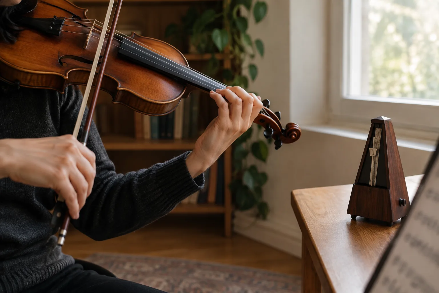 Un musicien travaille un motif instrumental à côté d’un métronome posé sur une table.