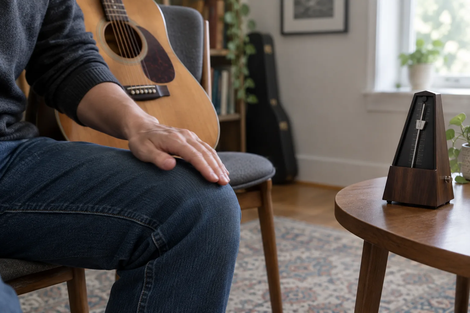 Une main bat la pulsation près d’une guitare et d’un métronome.