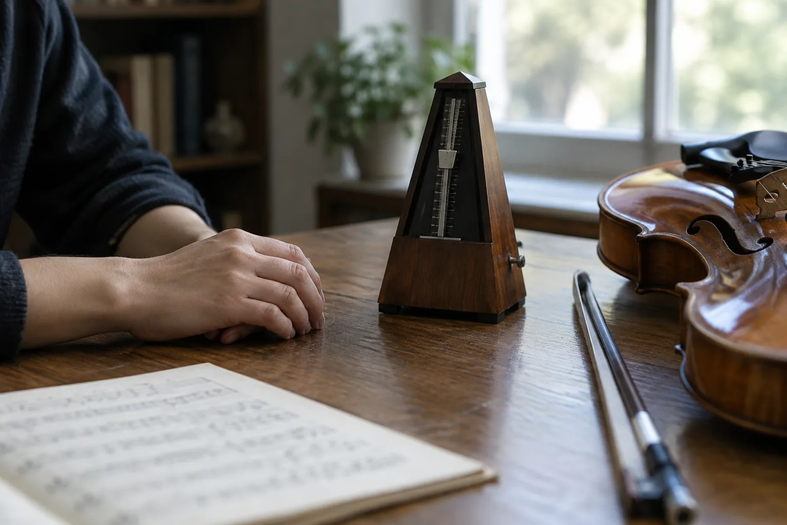 Une main marque la pulsation près d’un métronome posé à côté d’une guitare.