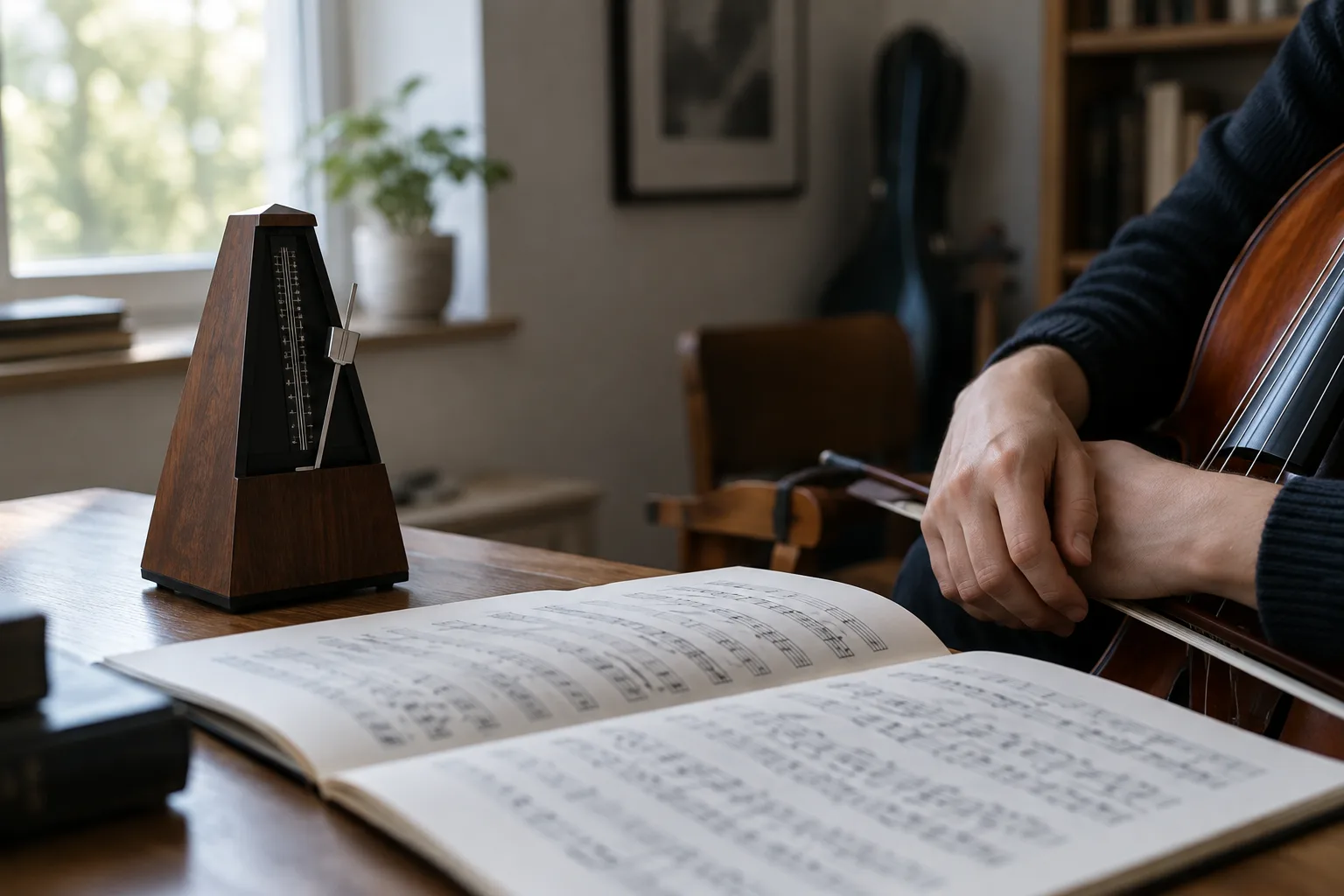 Un métronome posé à côté d’une partition pendant une séance de travail musical.