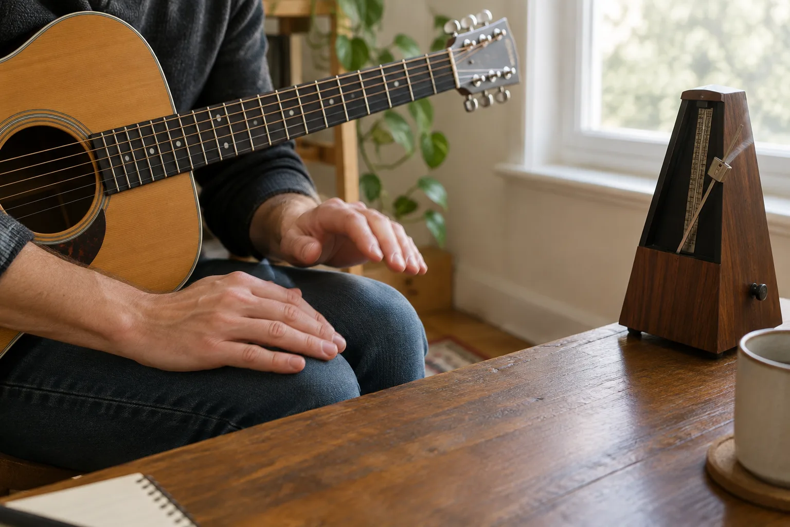 Des mains marquent une pulsation près d’une guitare et d’un métronome.