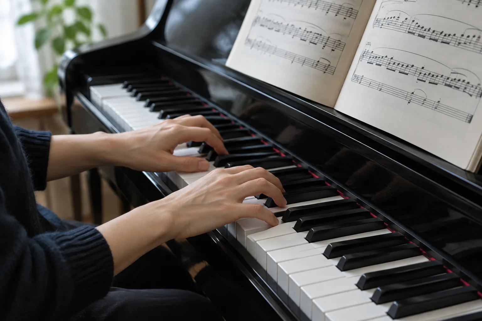 Des mains jouent une courte boucle au piano à côté d’une partition.