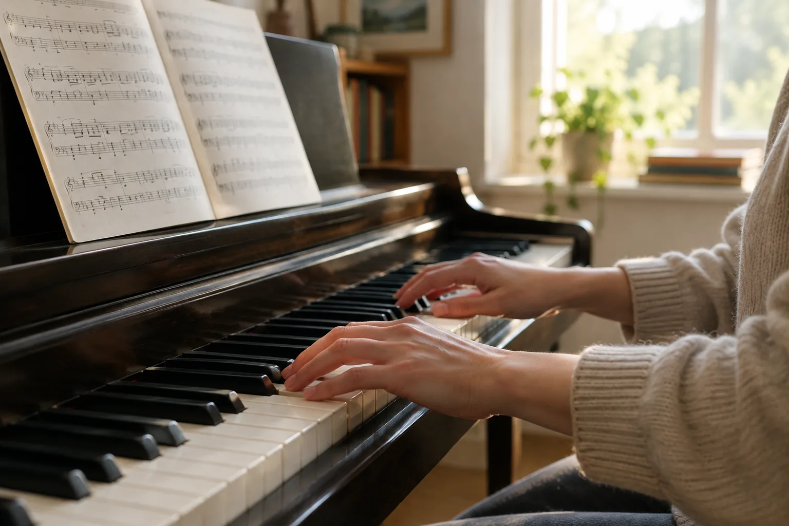 Des mains travaillent un passage au piano, près d’une partition ouverte.