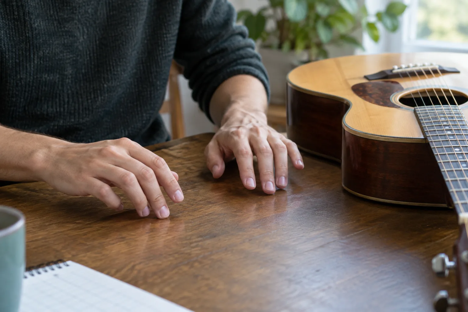 Une main marque la pulsation sur une table, près d’une guitare.