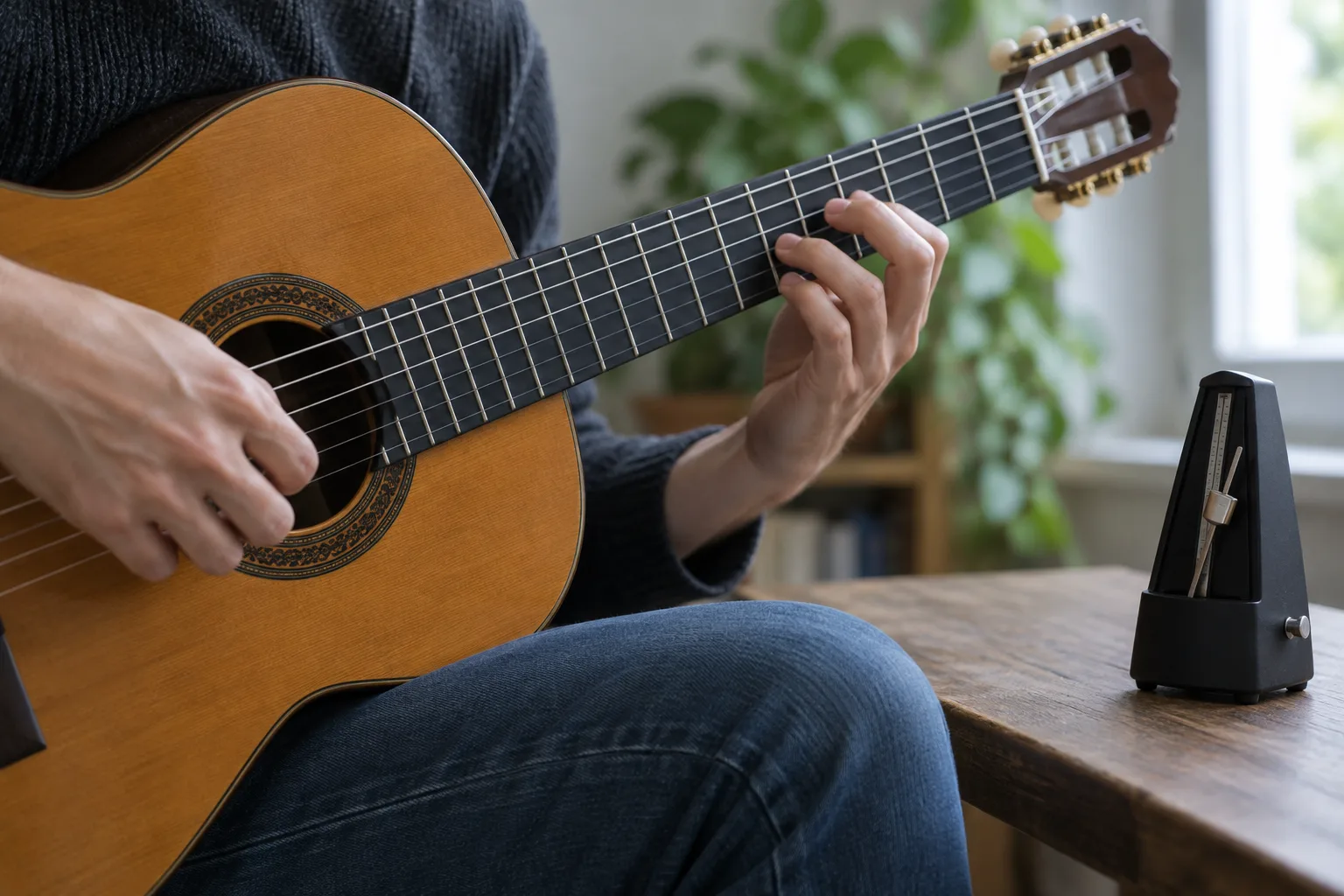 Des mains jouent un motif à la guitare près d’un métronome.