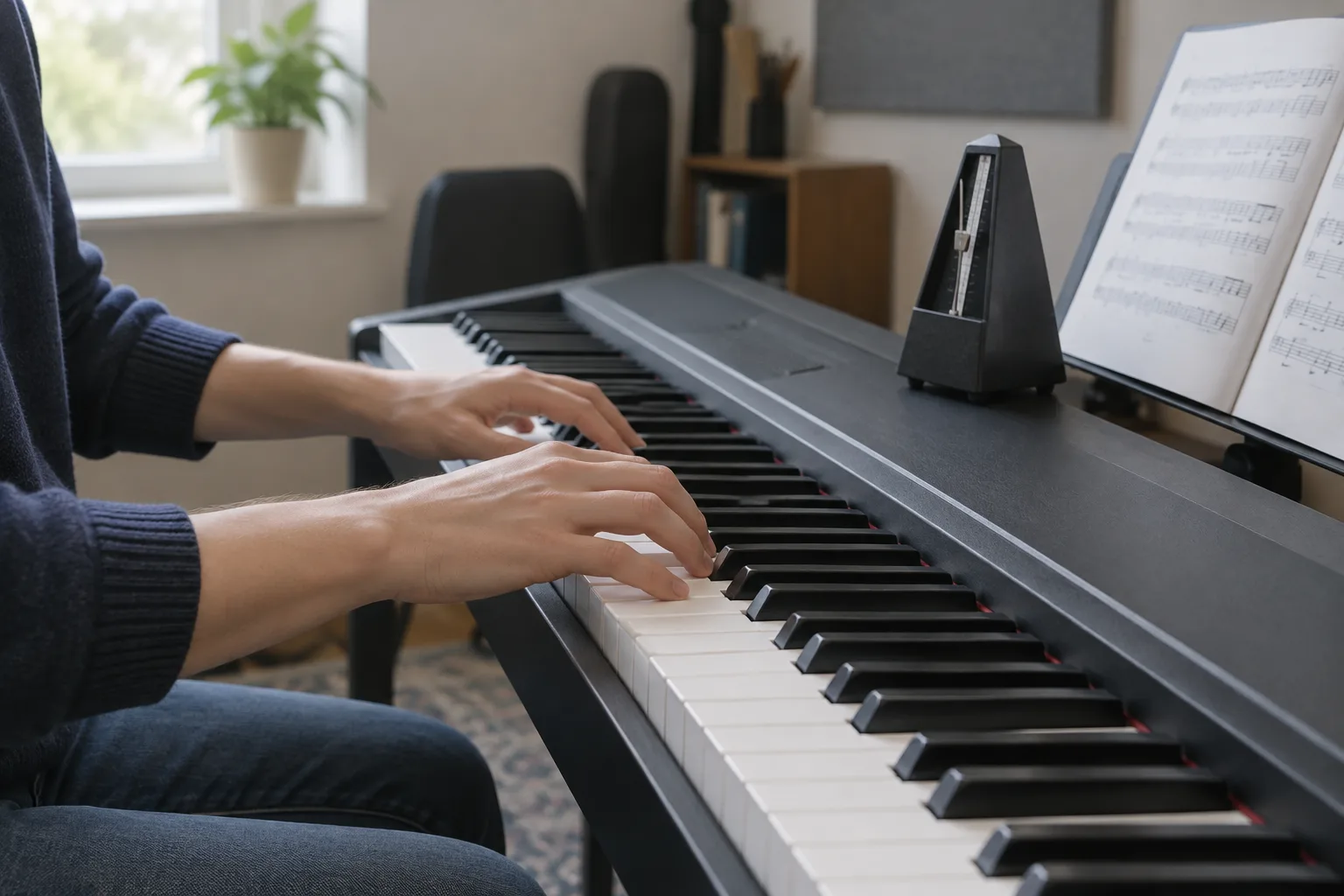 Des mains jouent un motif simple au clavier, avec un métronome posé à proximité.