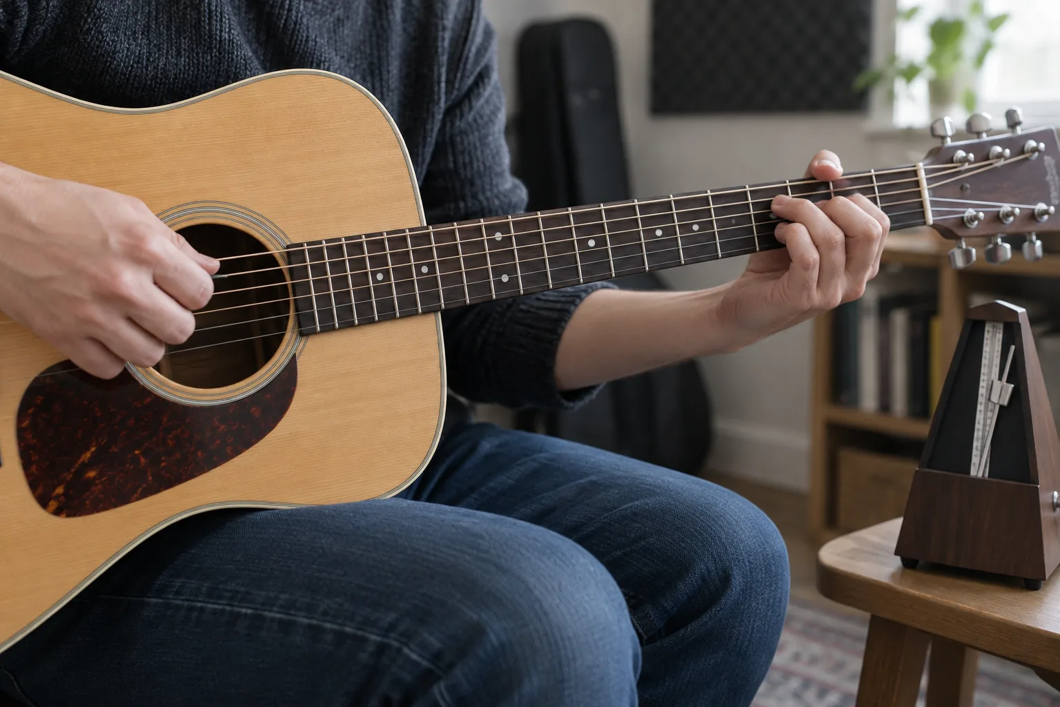 Un guitariste répète un motif d’accords près d’un métronome.