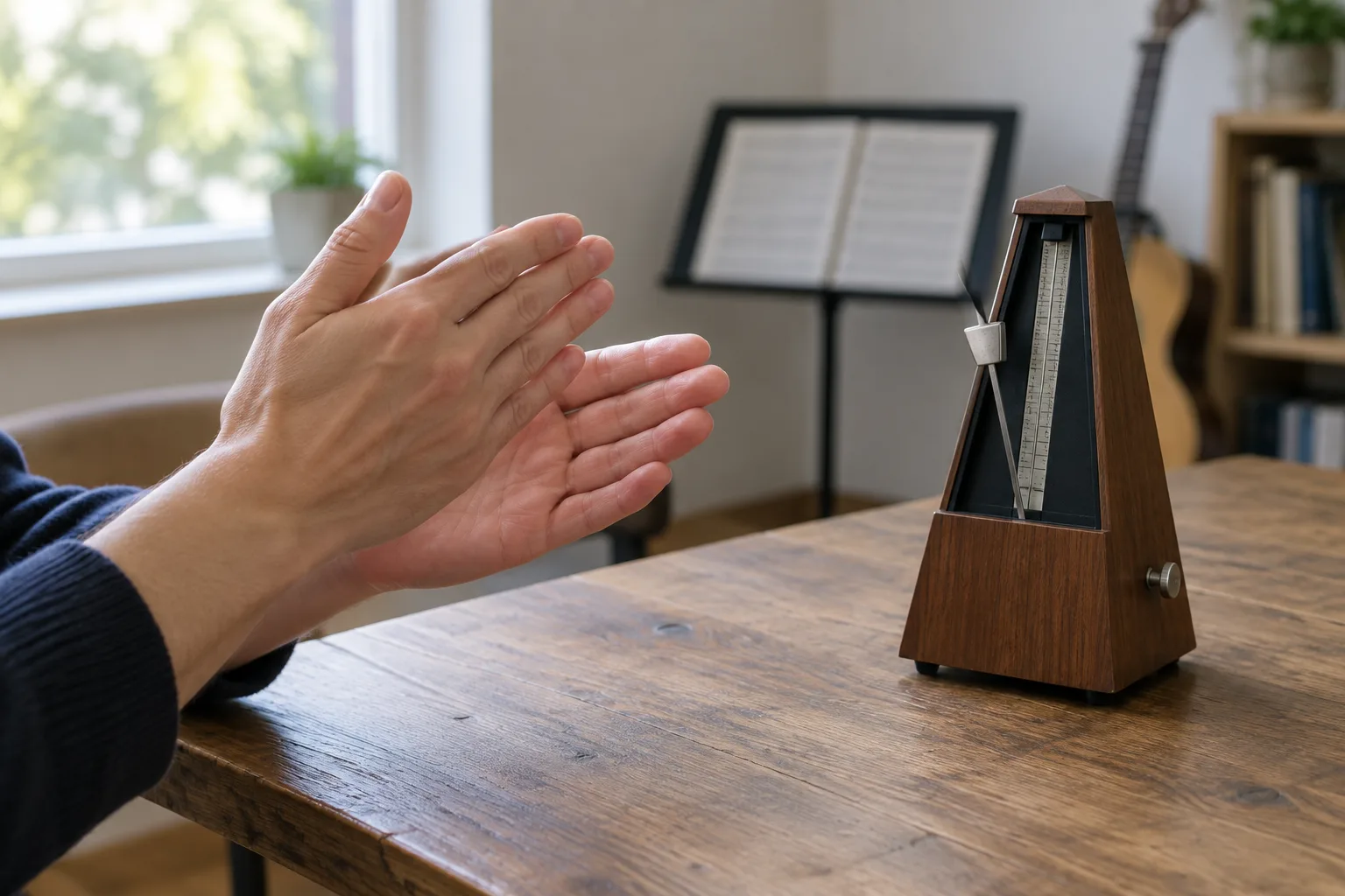 Deux mains marquent la pulsation à côté d’un métronome mécanique.