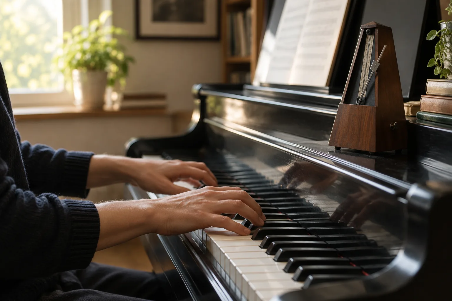 Mains au clavier d’un piano à côté d’un métronome posé sur l’instrument.