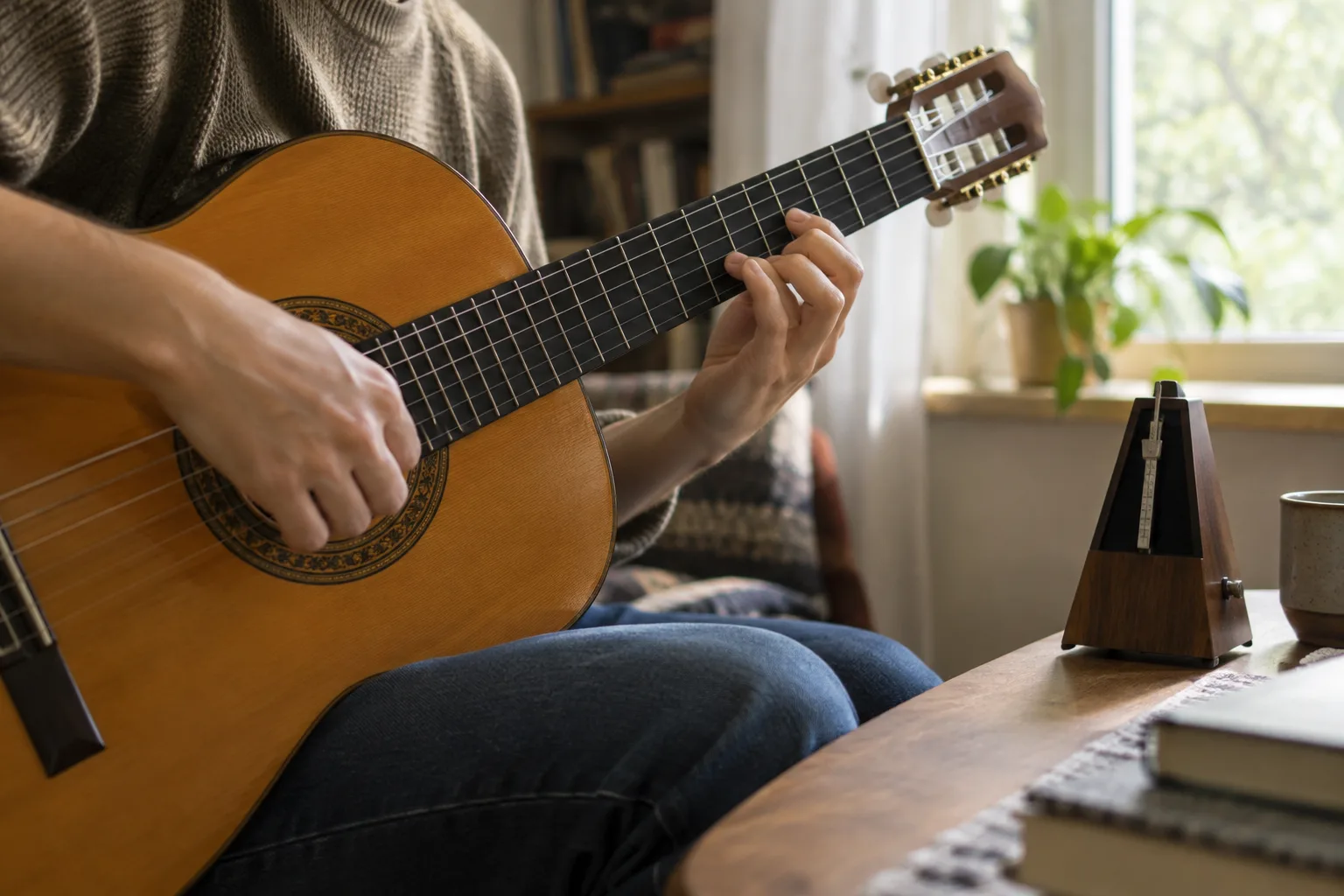 Un musicien travaille un motif instrumental avec un métronome posé à proximité.