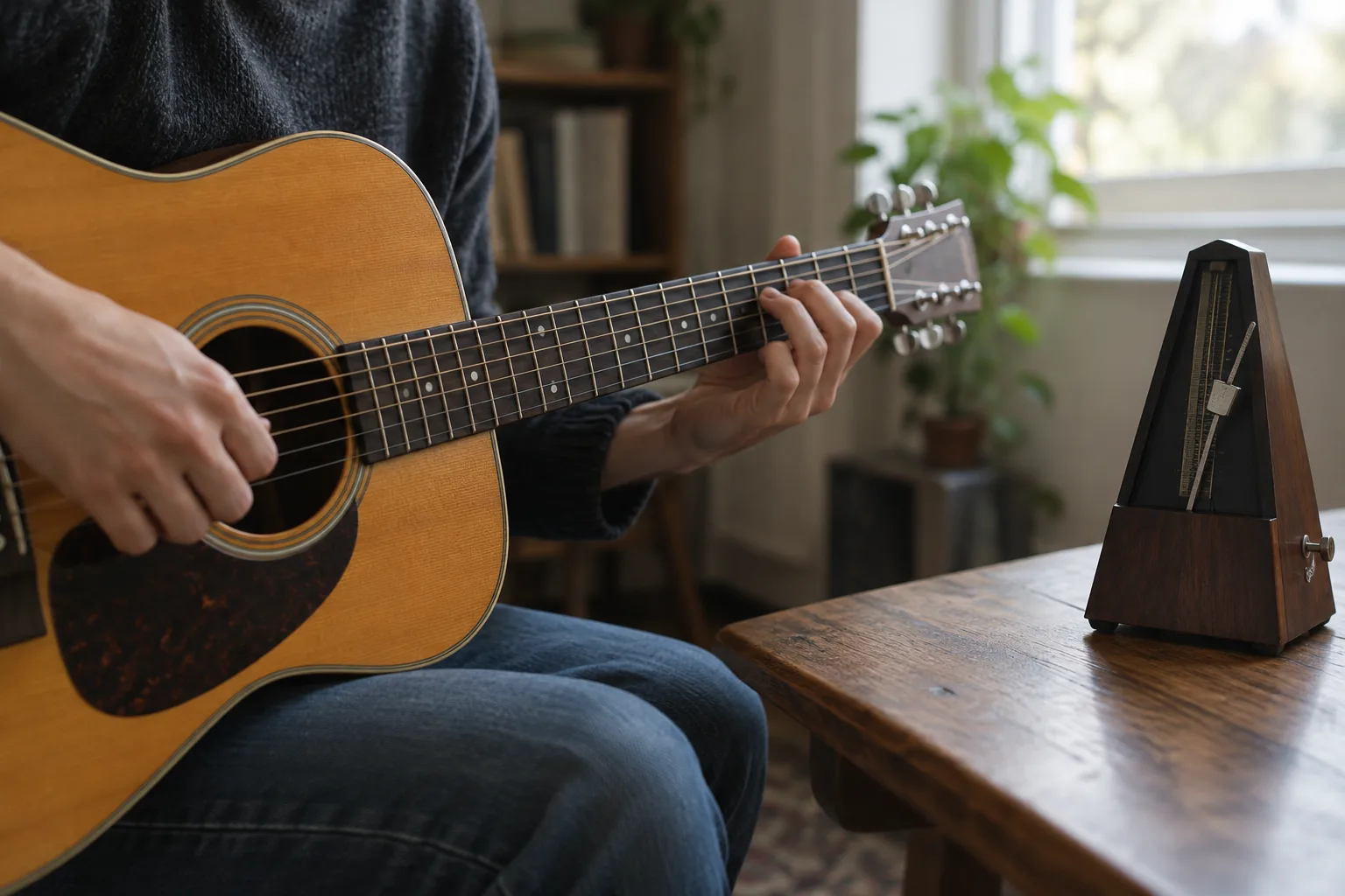 Les mains d’un guitariste jouent un motif près d’un métronome posé sur une table.