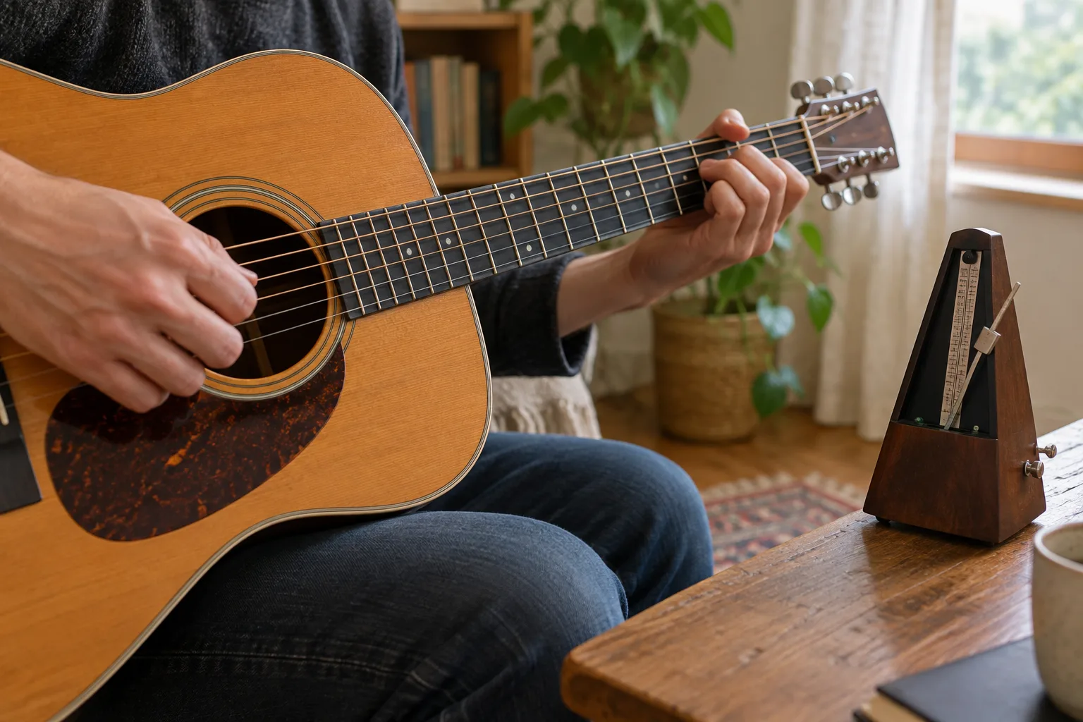 Des mains jouent de la guitare près d’un métronome pendant un exercice de pulsation.