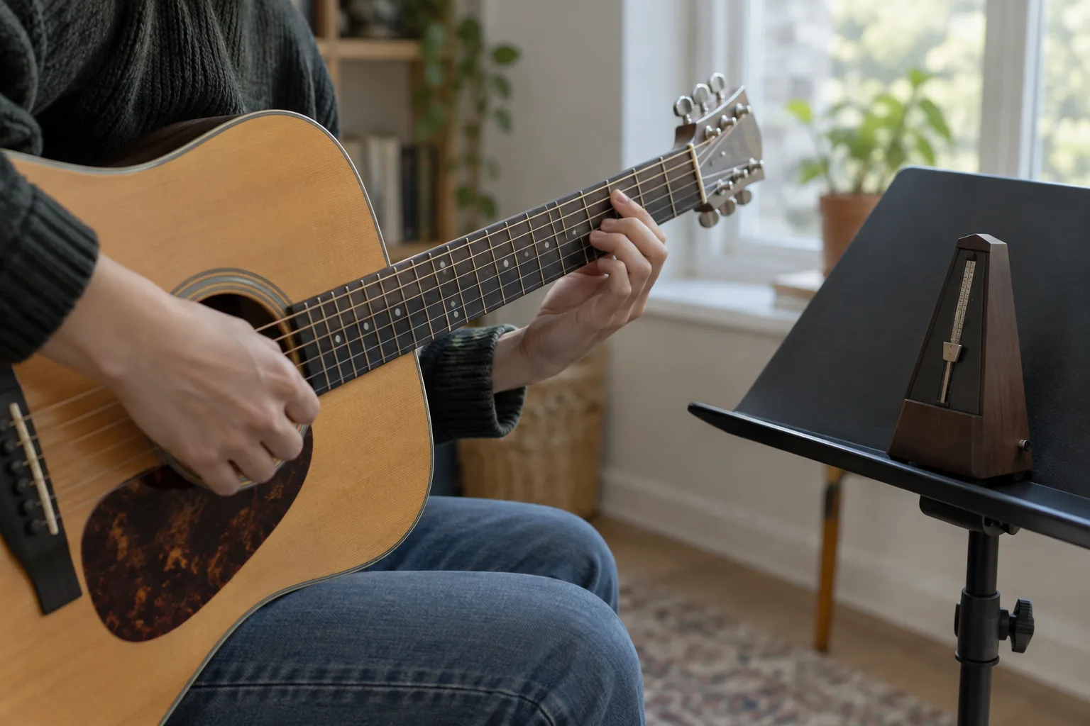 Un musicien travaille à la guitare avec un métronome posé à proximité.