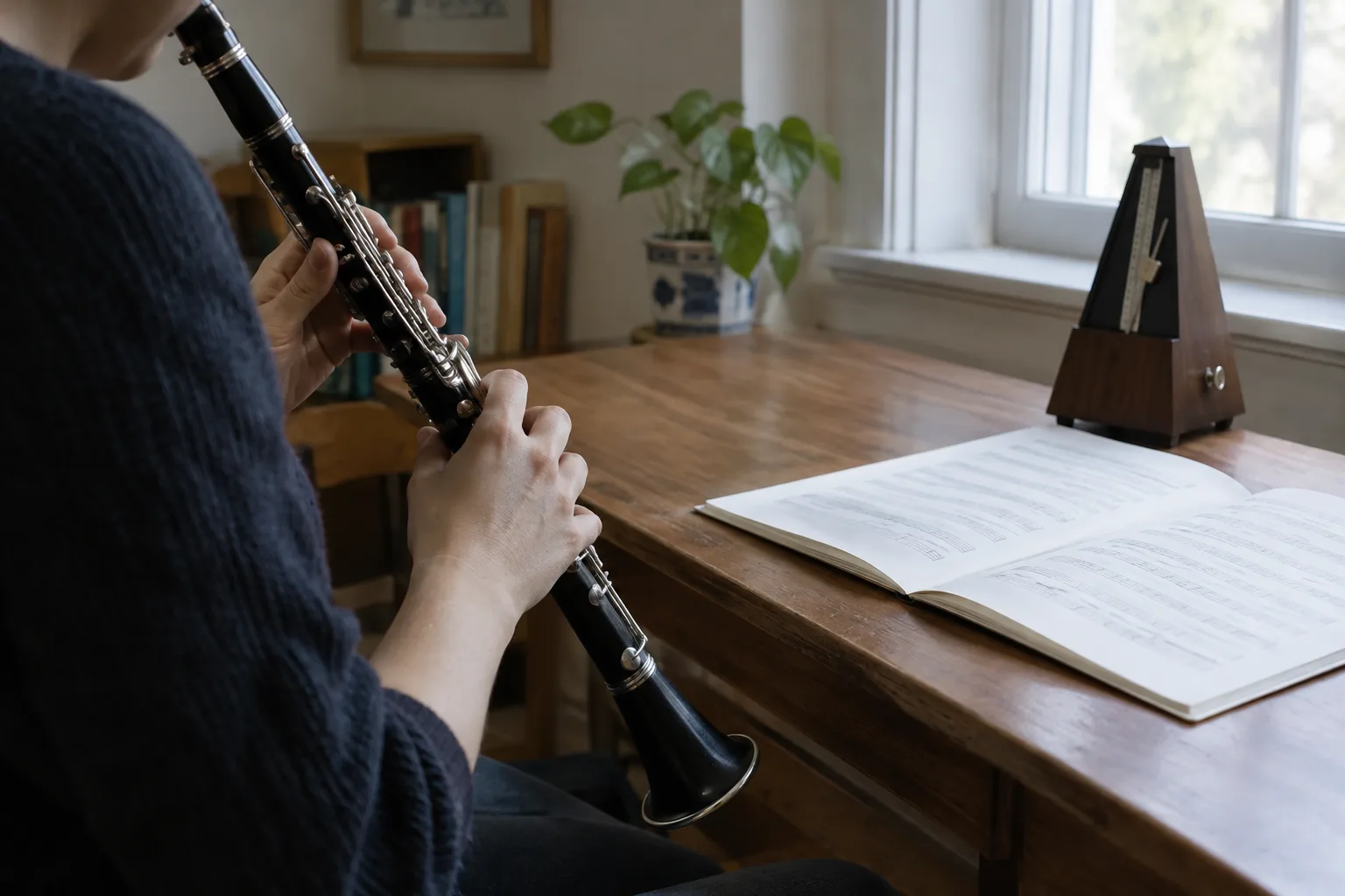 Un musicien travaille une courte phrase instrumentale près d’un métronome.