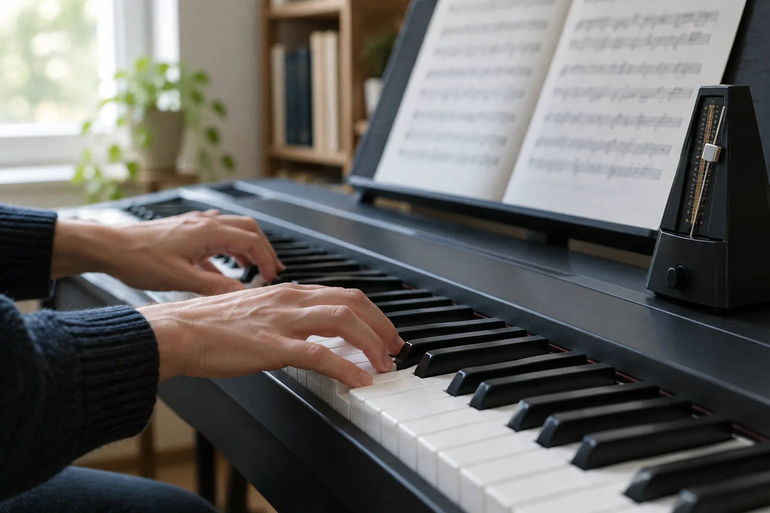 Un musicien joue une gamme au clavier tandis qu’un métronome est posé à côté.