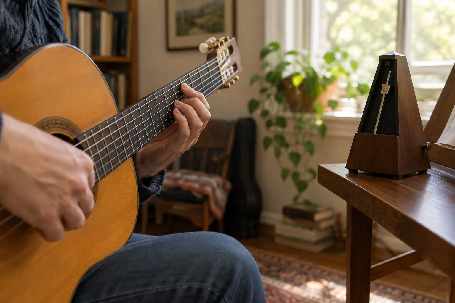 Des mains jouent une gamme à la guitare près d’un métronome posé sur un pupitre.
