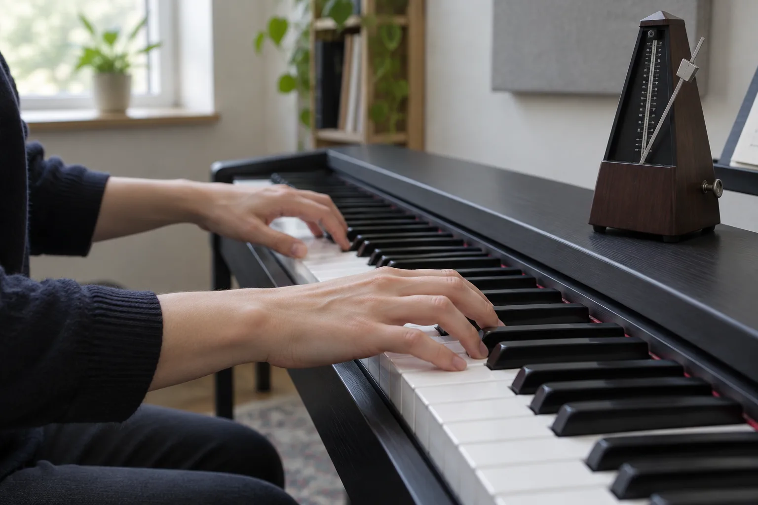Un pianiste travaille une gamme au clavier avec un métronome placé à proximité.
