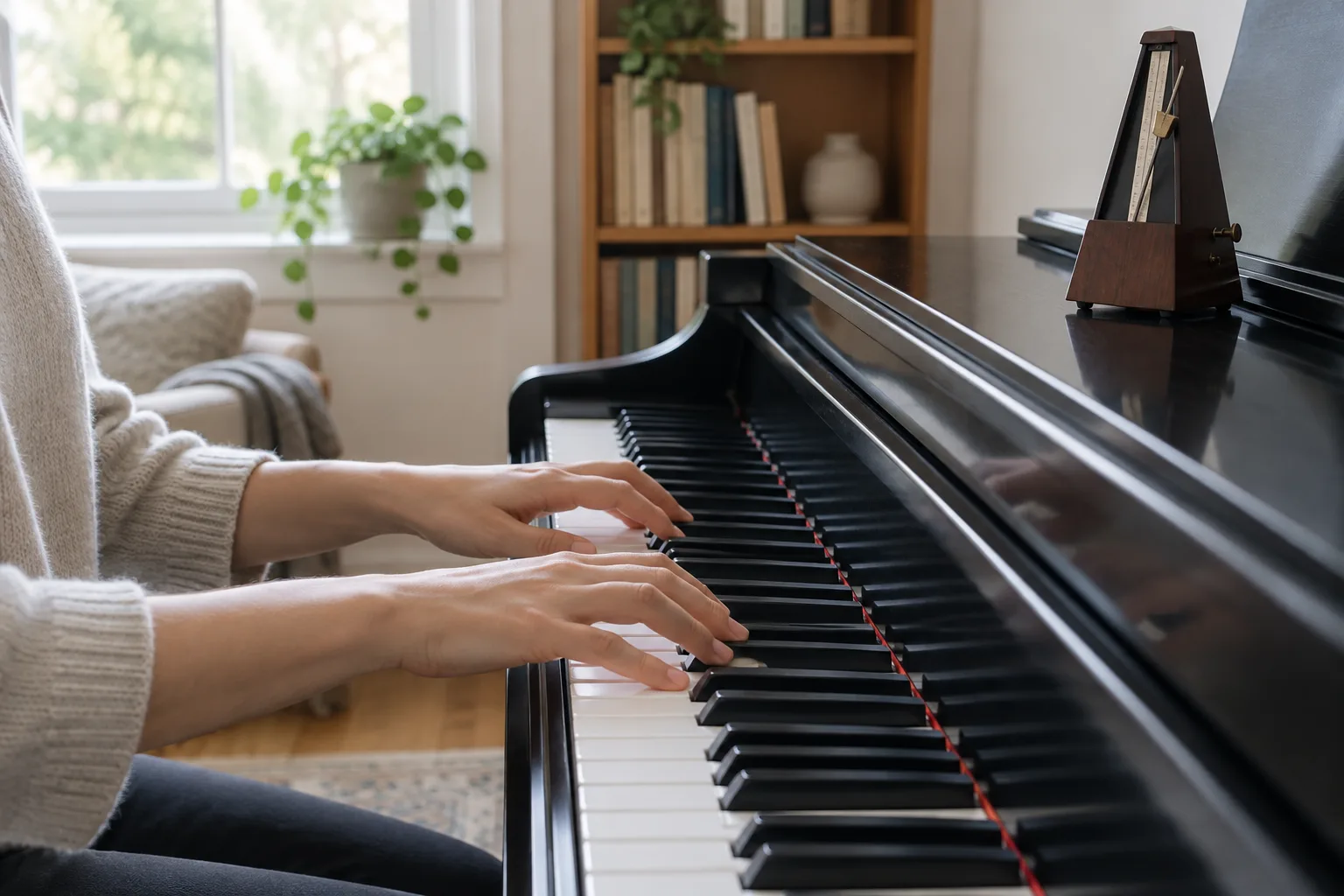 Des mains jouent une gamme au piano, près d’un métronome posé sur le clavier.