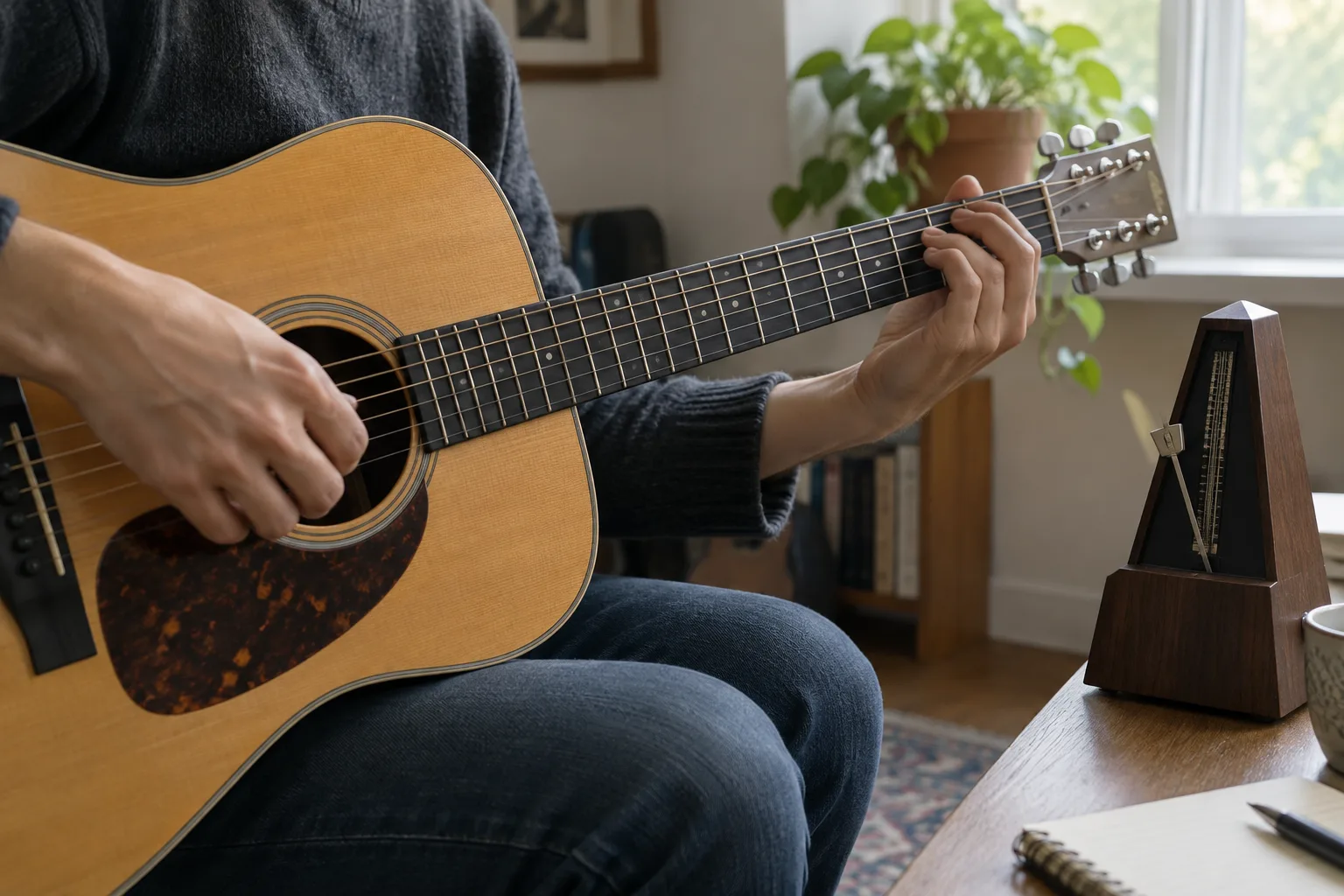 Des mains travaillent un passage à la guitare près d’un métronome.
