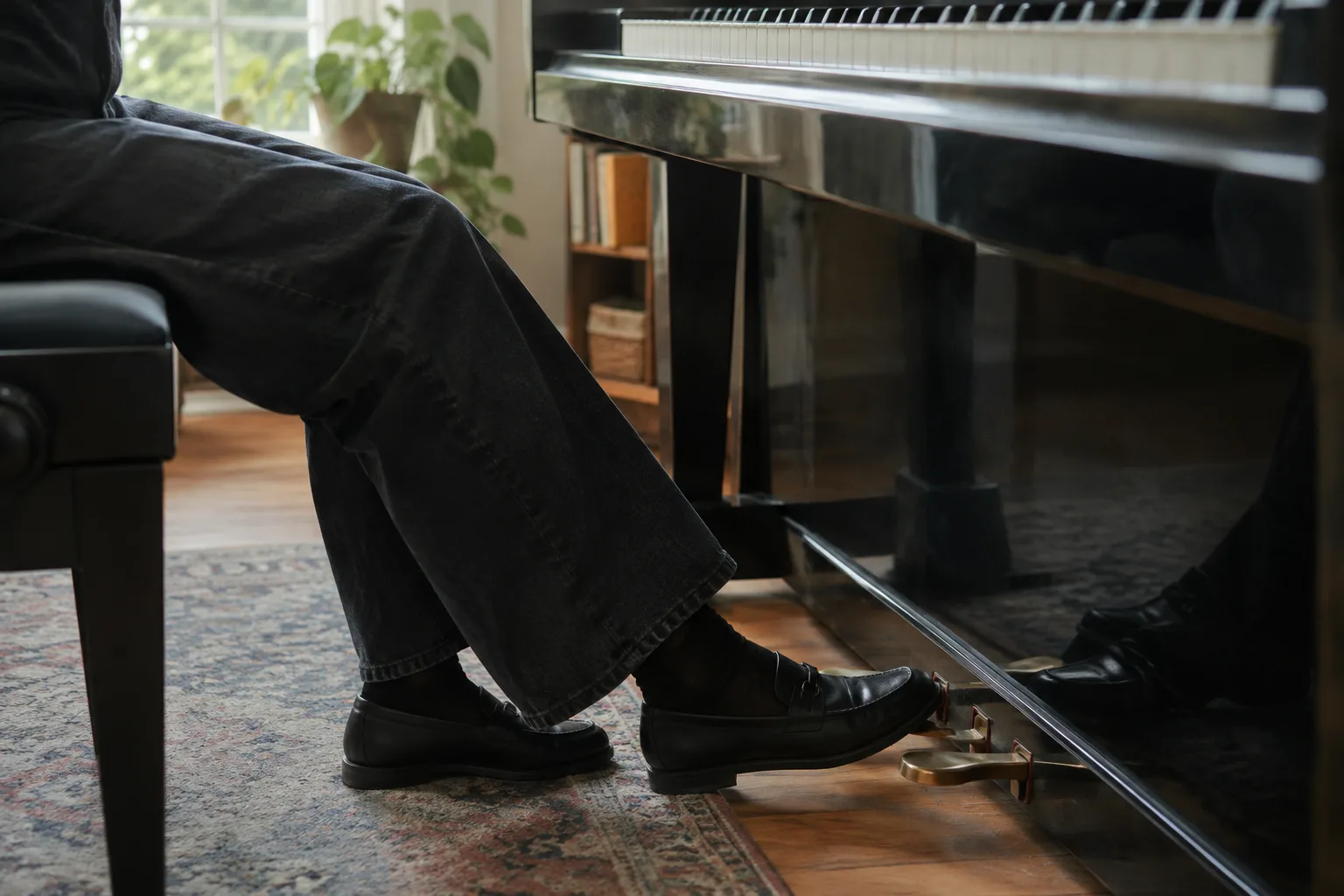 Pied actionnant la pédale de sustain sous un piano pendant une séance de pratique.